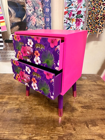 Hot Pink and purple square bedside table, two drawers, ideal nightstand. Flamingo leopard and tropical leaf design. Customisable end table