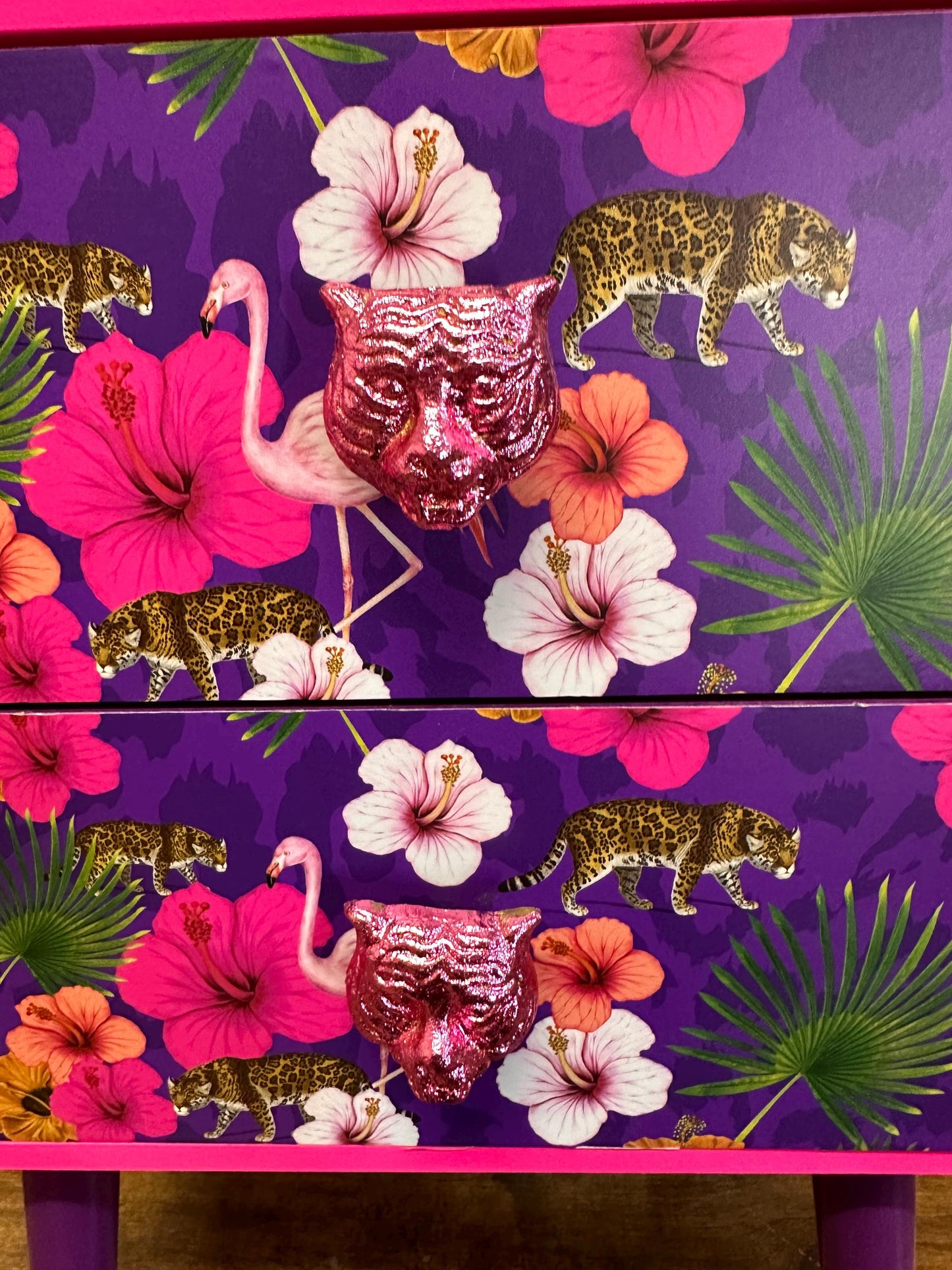 Hot Pink and purple square bedside table, two drawers, ideal nightstand. Flamingo leopard and tropical leaf design. Customisable end table