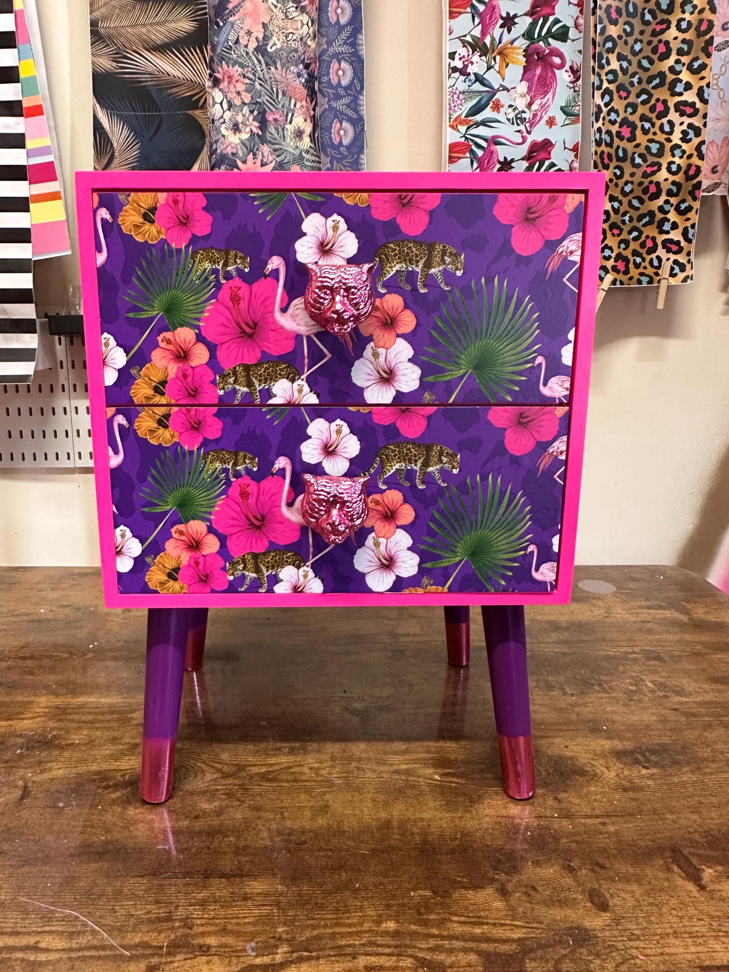 Hot Pink and purple square bedside table, two drawers, ideal nightstand. Flamingo leopard and tropical leaf design. Customisable end table