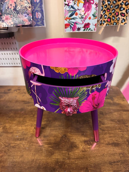 Flocking Fab - Purple,  Wooden side table with drawer. Hot pink and purple animal print design. Nightstand or bedside table