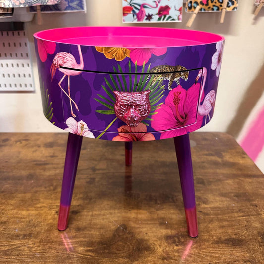 Flocking Fab - Purple,  Wooden side table with drawer. Hot pink and purple animal print design. Nightstand or bedside table