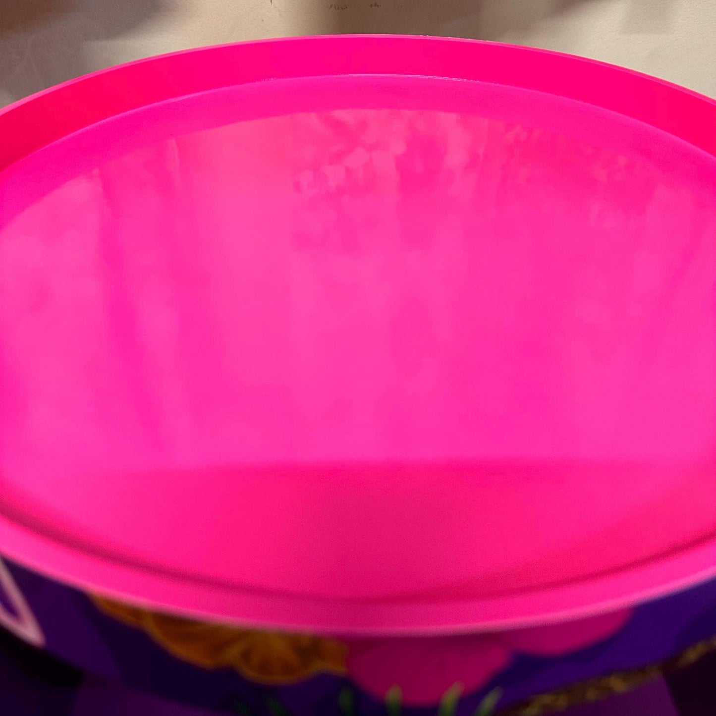 Flocking Fab - Purple,  Wooden side table with drawer. Hot pink and purple animal print design. Nightstand or bedside table