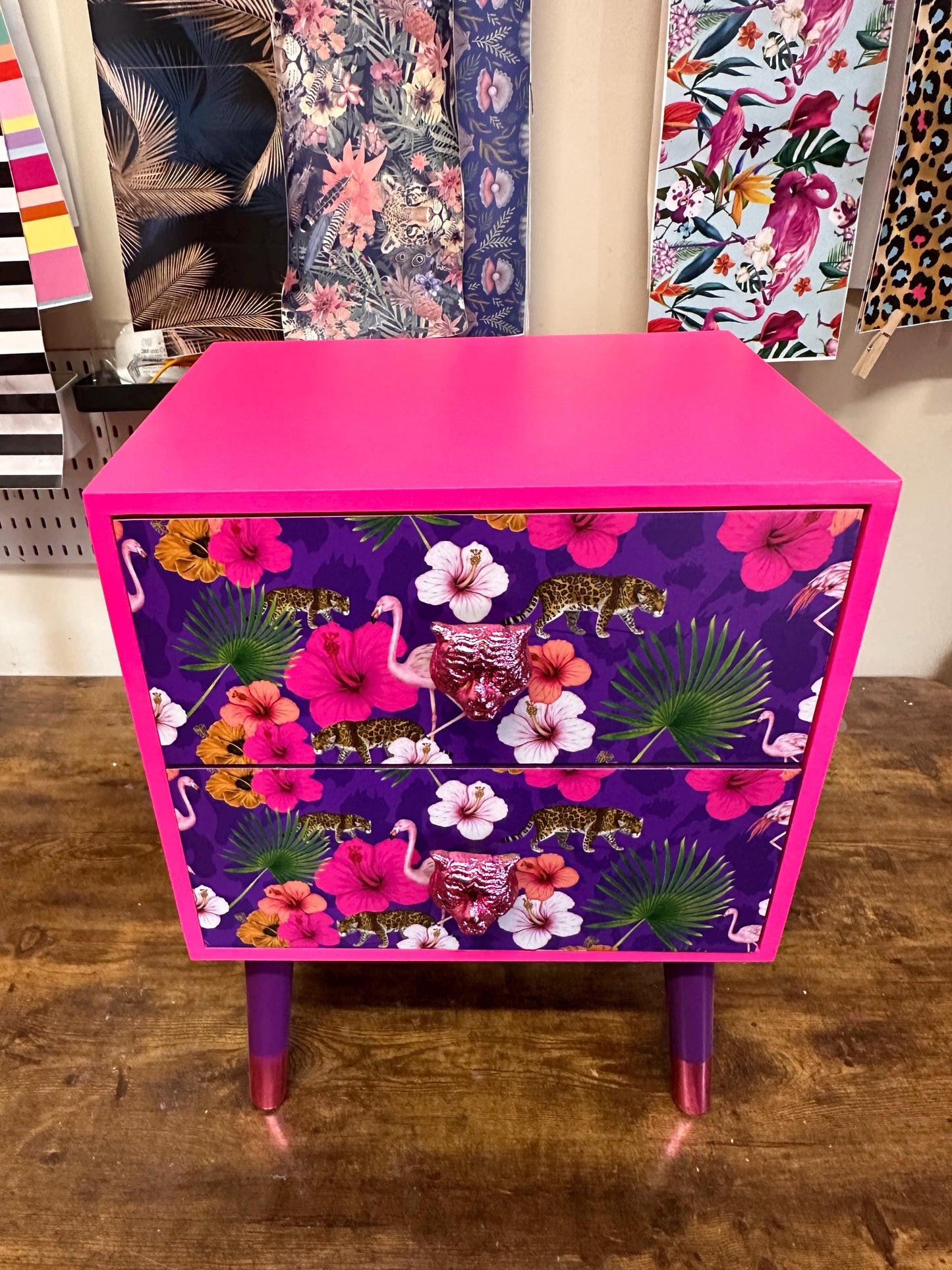 Hot Pink and purple square bedside table, two drawers, ideal nightstand. Flamingo leopard and tropical leaf design. Customisable end table