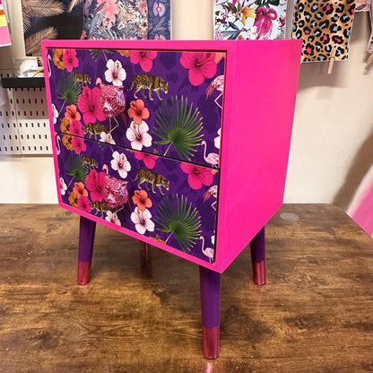 Hot Pink and purple square bedside table, two drawers, ideal nightstand. Flamingo leopard and tropical leaf design. Customisable end table