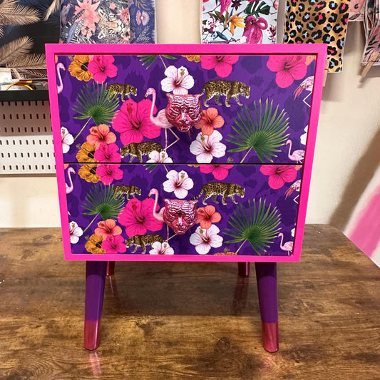 Hot Pink and purple square bedside table, two drawers, ideal nightstand. Flamingo leopard and tropical leaf design. Customisable end table