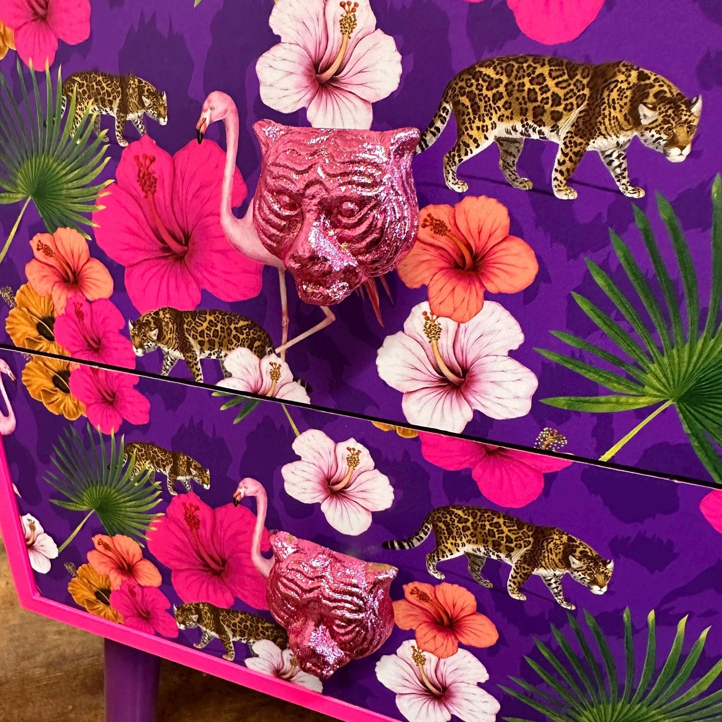 Hot Pink and purple square bedside table, two drawers, ideal nightstand. Flamingo leopard and tropical leaf design. Customisable end table