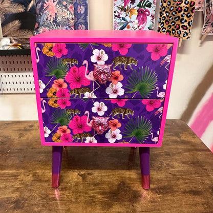 Hot Pink and purple square bedside table, two drawers, ideal nightstand. Flamingo leopard and tropical leaf design. Customisable end table