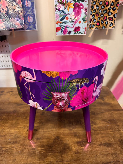 Flocking Fab - Purple,  Wooden side table with drawer. Hot pink and purple animal print design. Nightstand or bedside table