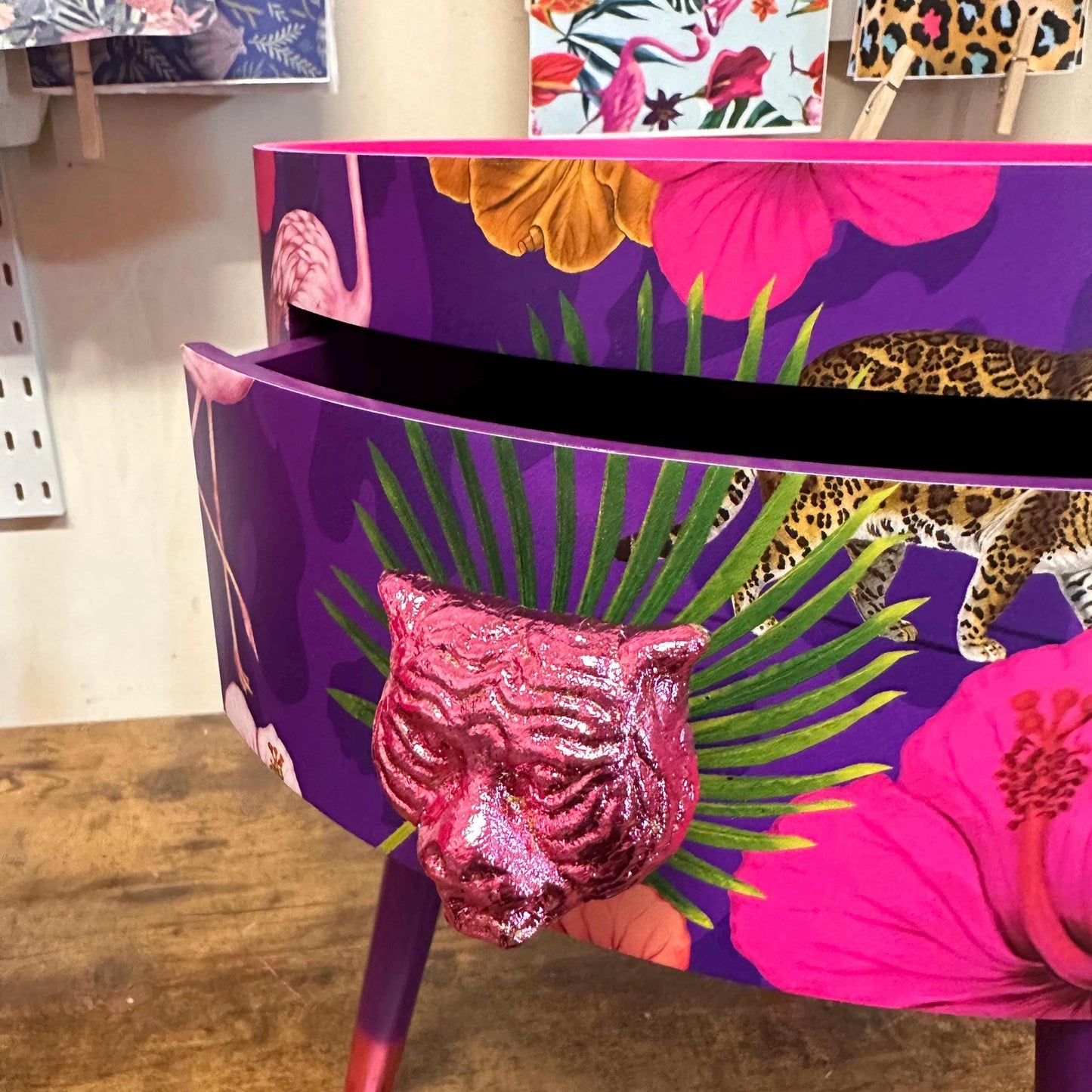 Flocking Fab - Purple,  Wooden side table with drawer. Hot pink and purple animal print design. Nightstand or bedside table