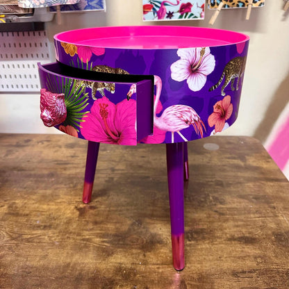 Flocking Fab - Purple,  Wooden side table with drawer. Hot pink and purple animal print design. Nightstand or bedside table