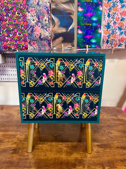 Emerald green, gold tropical art deco square nightstand. Parrot, floral colourful two drawer bedside table. Customisable end table