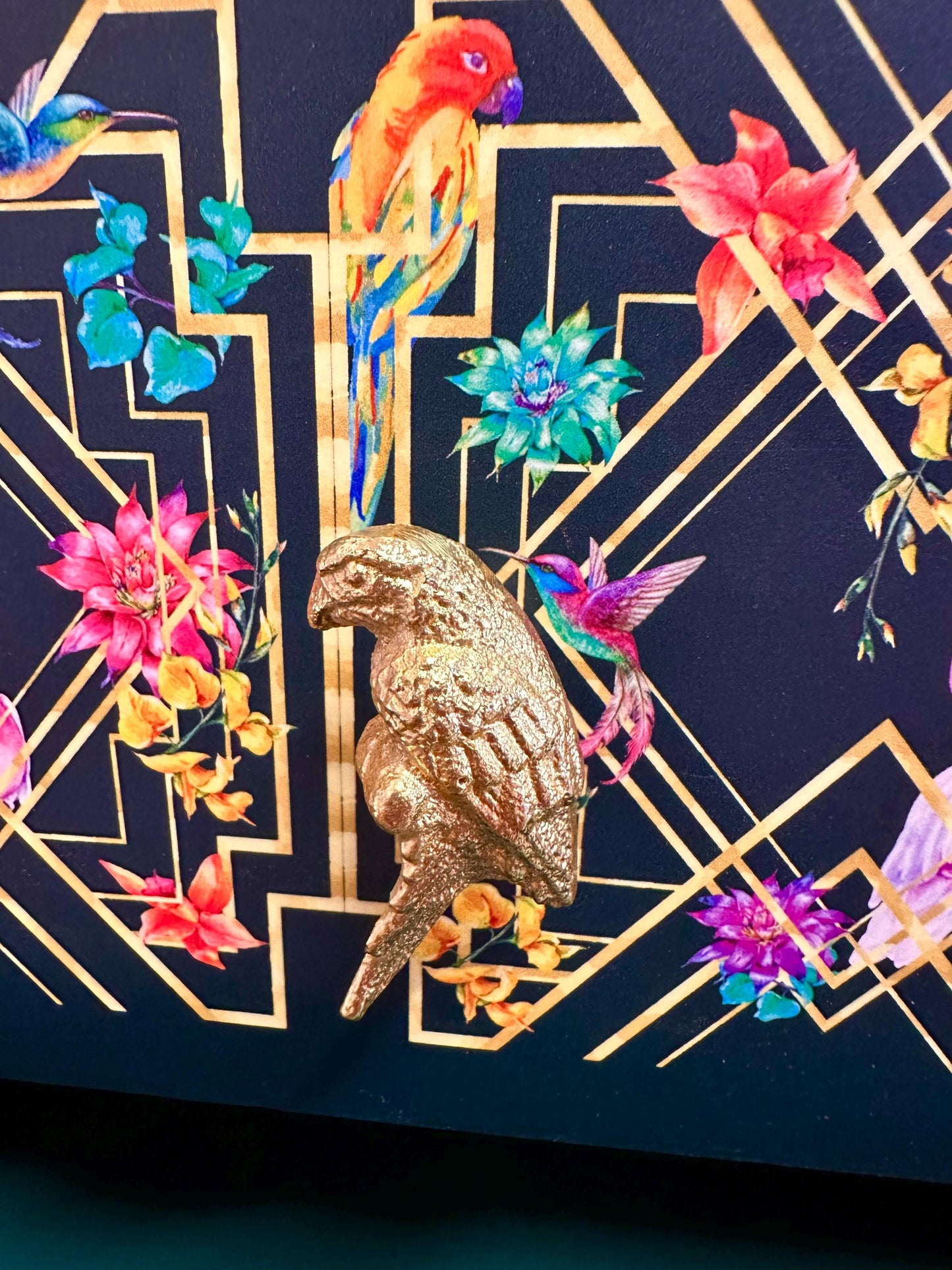 Emerald green, gold tropical art deco square nightstand. Parrot, floral colourful two drawer bedside table. Customisable end table