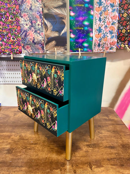 Emerald green, gold tropical art deco square nightstand. Parrot, floral colourful two drawer bedside table. Customisable end table
