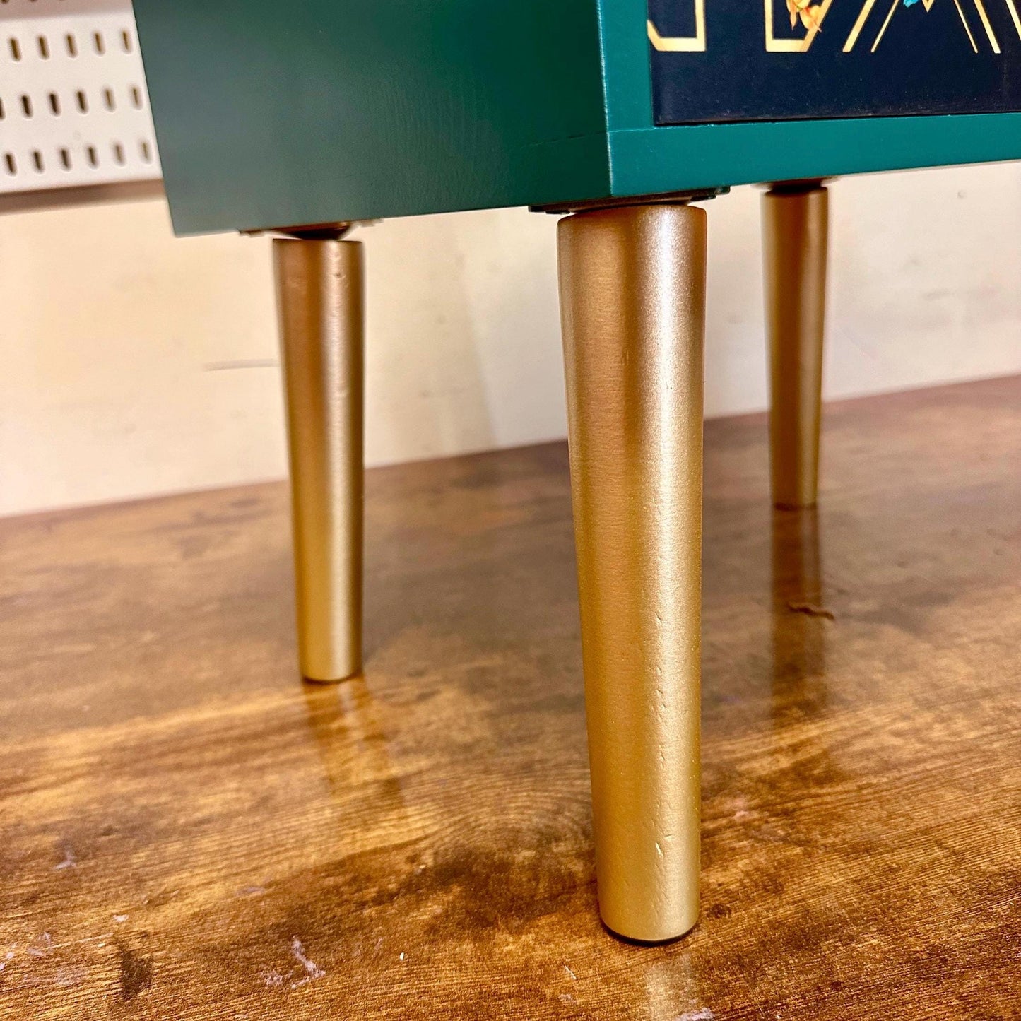 Emerald green, gold tropical art deco square nightstand. Parrot, floral colourful two drawer bedside table. Customisable end table