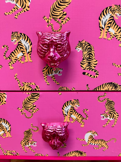 Hot Pink Tiger square bedside table, two drawers, ideal nightstand. Hot Magenta pink with silver. Customisable