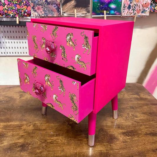 Hot Pink Tiger square bedside table, two drawers, ideal nightstand. Hot Magenta pink with silver. Customisable