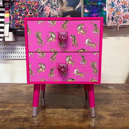 Hot Pink Tiger square bedside table, two drawers, ideal nightstand. Hot Magenta pink with silver. Customisable