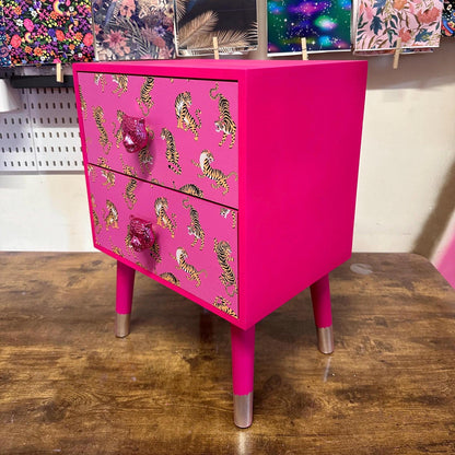 Hot Pink Tiger square bedside table, two drawers, ideal nightstand. Hot Magenta pink with silver. Customisable