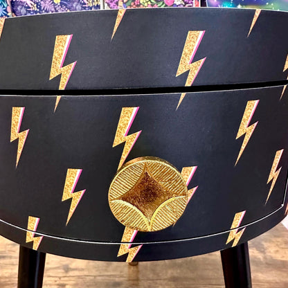 Round bedside table , black and gold  nightstand with  lightening bolt design, , Fun Bright Home Decor. Side table storage drawer. Bowie
