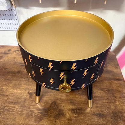 Round bedside table , black and gold  nightstand with  lightening bolt design, , Fun Bright Home Decor. Side table storage drawer. Bowie