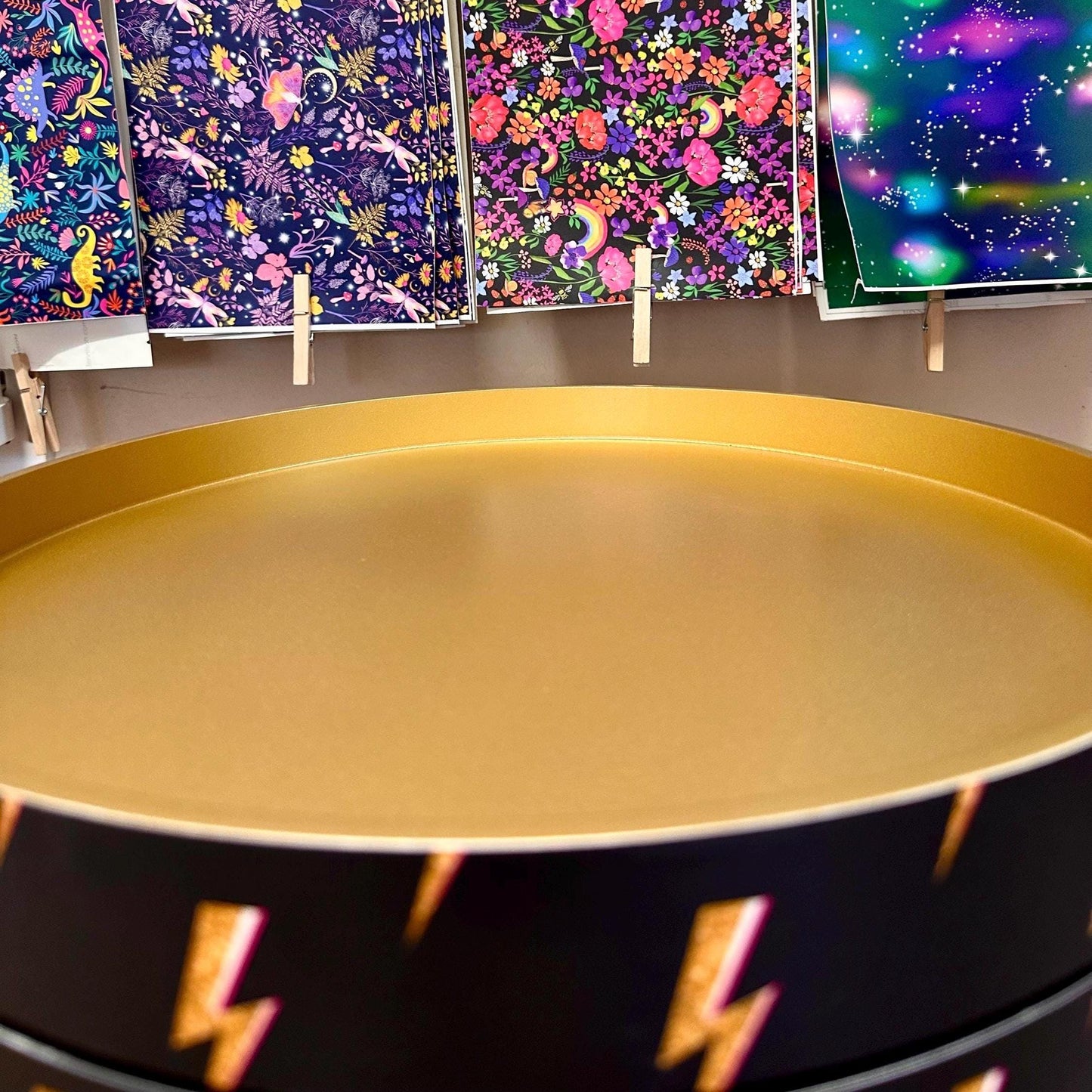 Round bedside table , black and gold  nightstand with  lightening bolt design, , Fun Bright Home Decor. Side table storage drawer. Bowie