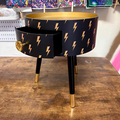 Round bedside table , black and gold  nightstand with  lightening bolt design, , Fun Bright Home Decor. Side table storage drawer. Bowie
