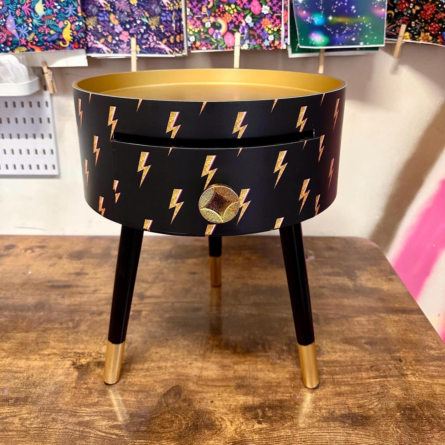 Round bedside table , black and gold  nightstand with  lightening bolt design, , Fun Bright Home Decor. Side table storage drawer. Bowie