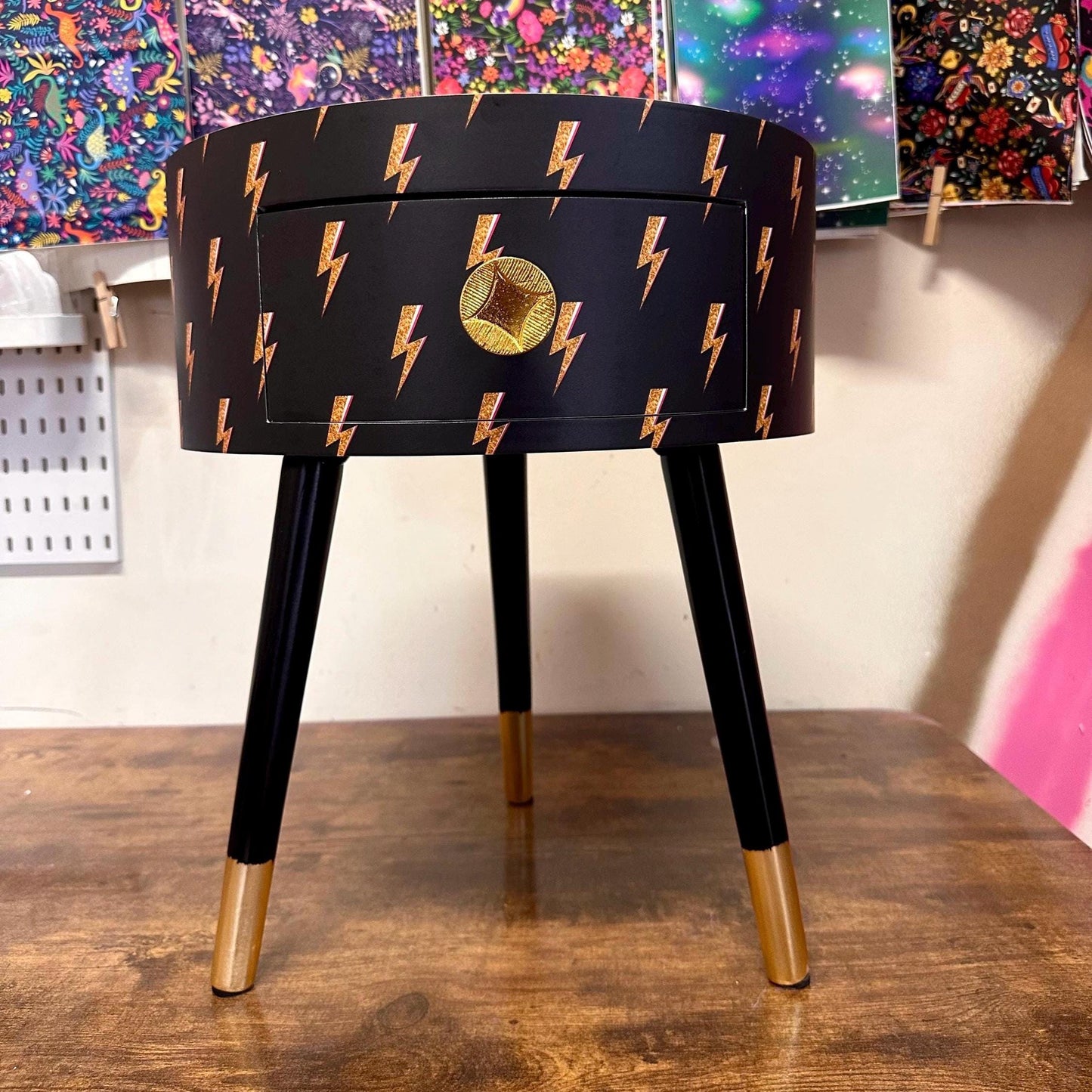 Round bedside table , black and gold  nightstand with  lightening bolt design, , Fun Bright Home Decor. Side table storage drawer. Bowie