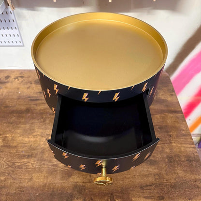 Round bedside table , black and gold  nightstand with  lightening bolt design, , Fun Bright Home Decor. Side table storage drawer. Bowie