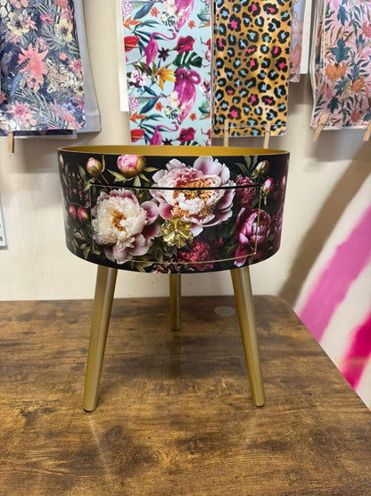 Round bedside table , black and gold nightstand with baroque floral design,  Moody Home Decor. Side table storage drawer.