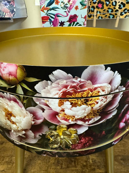 Round bedside table , black and gold nightstand with baroque floral design,  Moody Home Decor. Side table storage drawer.