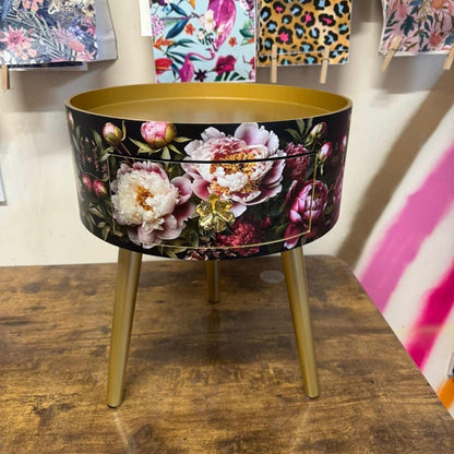 Round bedside table , black and gold nightstand with baroque floral design,  Moody Home Decor. Side table storage drawer.