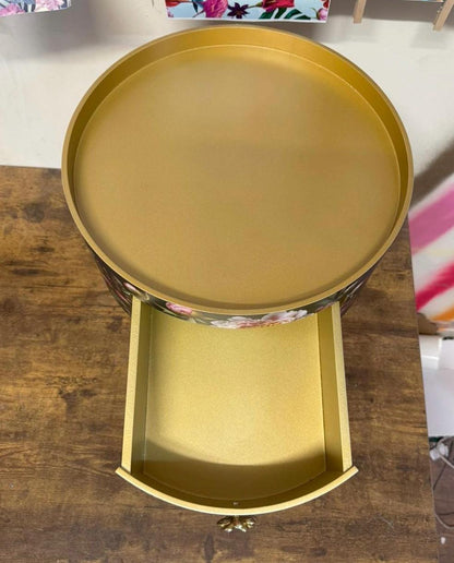 Round bedside table , black and gold nightstand with baroque floral design,  Moody Home Decor. Side table storage drawer.