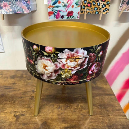 Round bedside table , black and gold nightstand with baroque floral design,  Moody Home Decor. Side table storage drawer.