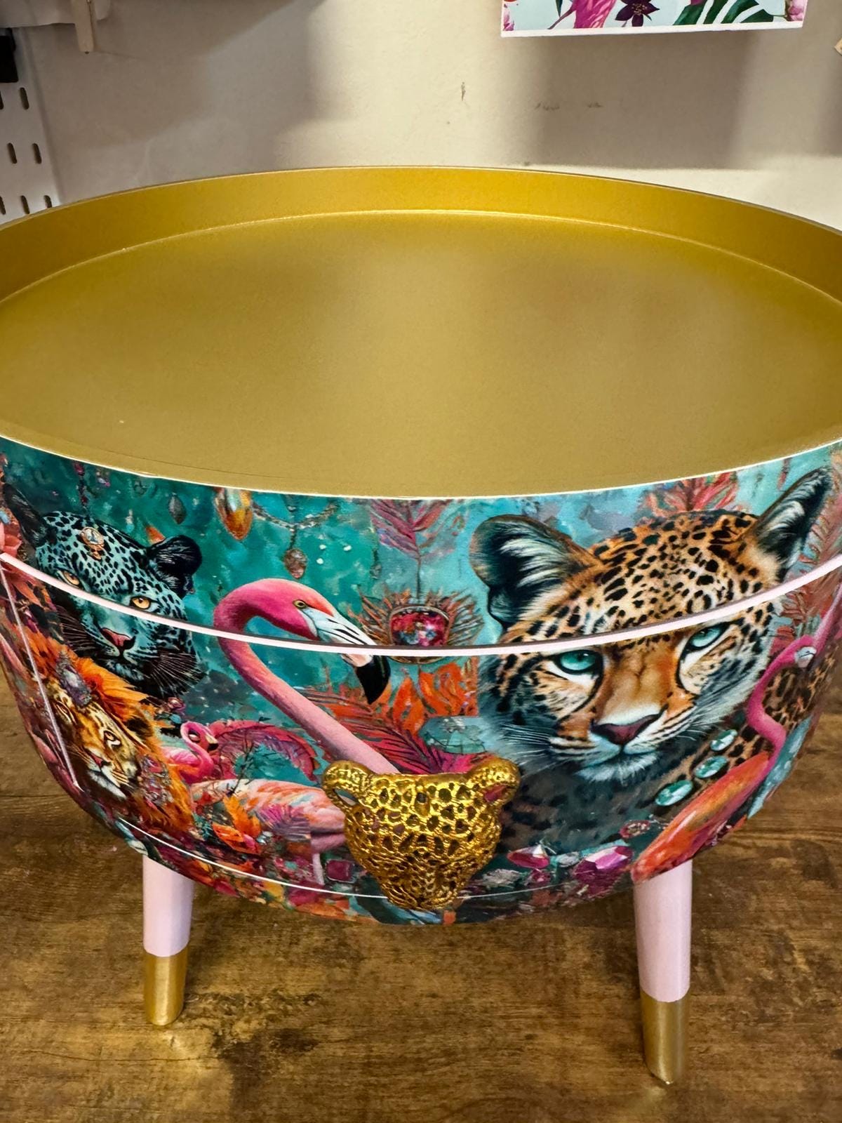 Jewel Leopard - Light Pink and Gold flamingo and leopard beside table, teal cheetah jewel design nightstand with gold , colourful home decor round end table