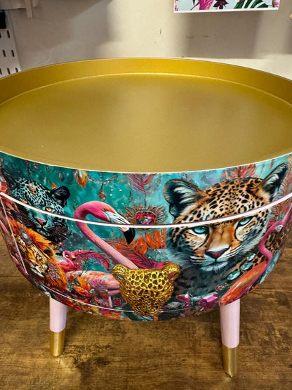Jewel Leopard - Light Pink and Gold flamingo and leopard beside table, teal cheetah jewel design nightstand with gold , colourful home decor round end table