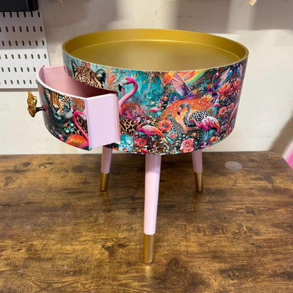 Jewel Leopard - Light Pink and Gold flamingo and leopard beside table, teal cheetah jewel design nightstand with gold , colourful home decor round end table