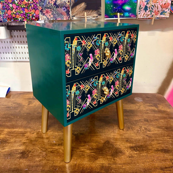 Emerald green, gold tropical art deco square nightstand. Parrot, floral colourful two drawer bedside table. Customisable end table
