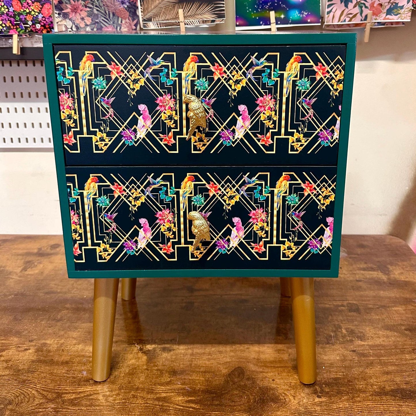 Emerald green, gold tropical art deco square nightstand. Parrot, floral colourful two drawer bedside table. Customisable end table