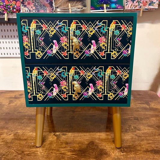 Emerald green, gold tropical art deco square nightstand. Parrot, floral colourful two drawer bedside table. Customisable end table