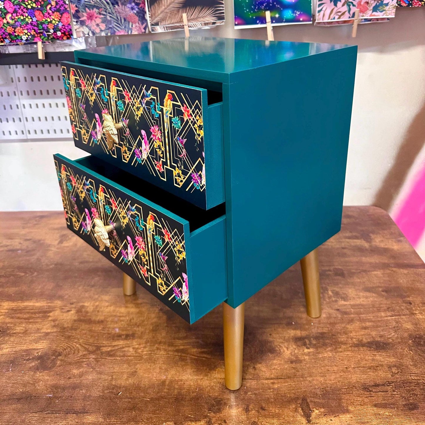 Emerald green, gold tropical art deco square nightstand. Parrot, floral colourful two drawer bedside table. Customisable end table