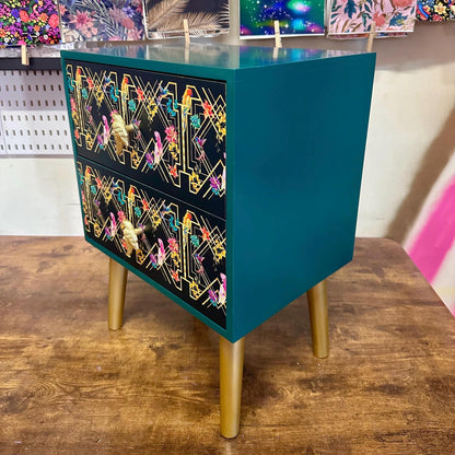 Emerald green, gold tropical art deco square nightstand. Parrot, floral colourful two drawer bedside table. Customisable end table