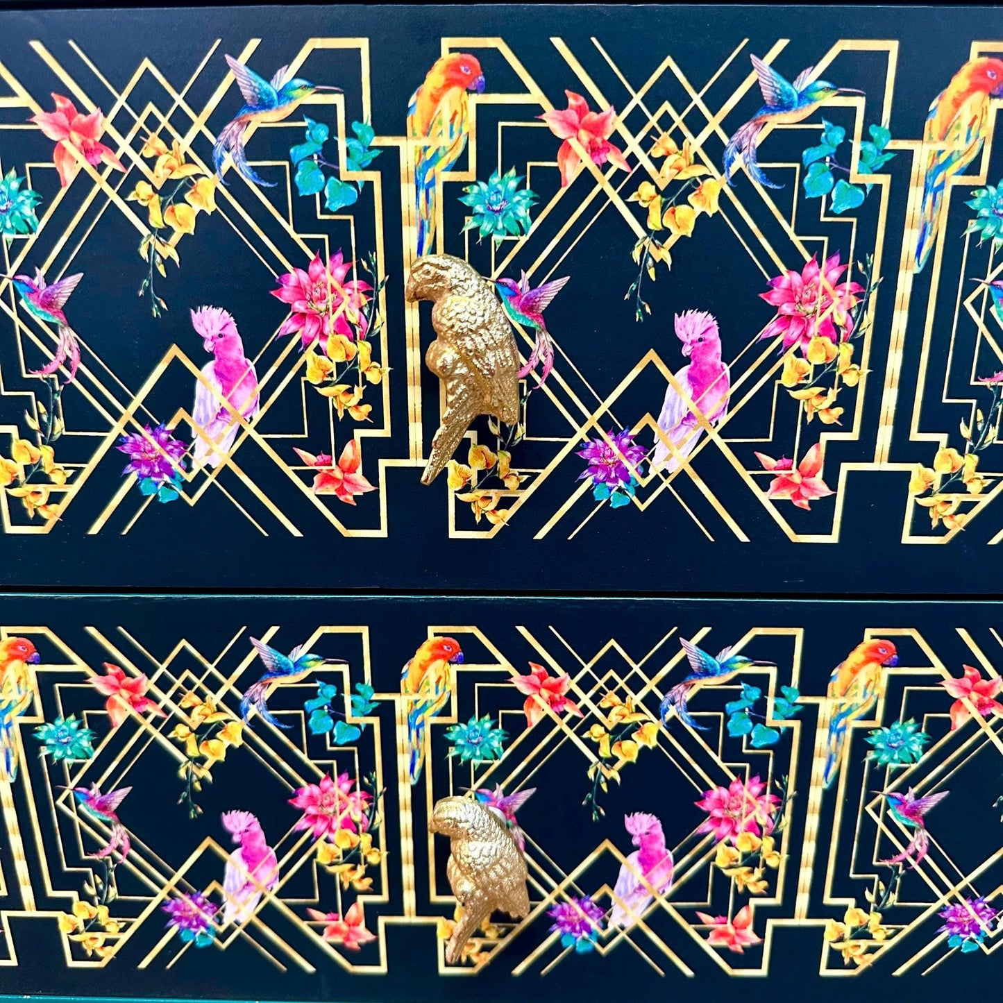 Emerald green, gold tropical art deco square nightstand. Parrot, floral colourful two drawer bedside table. Customisable end table