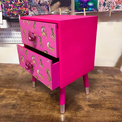 Hot Pink Tiger square bedside table, two drawers, ideal nightstand. Hot Magenta pink with silver. Customisable
