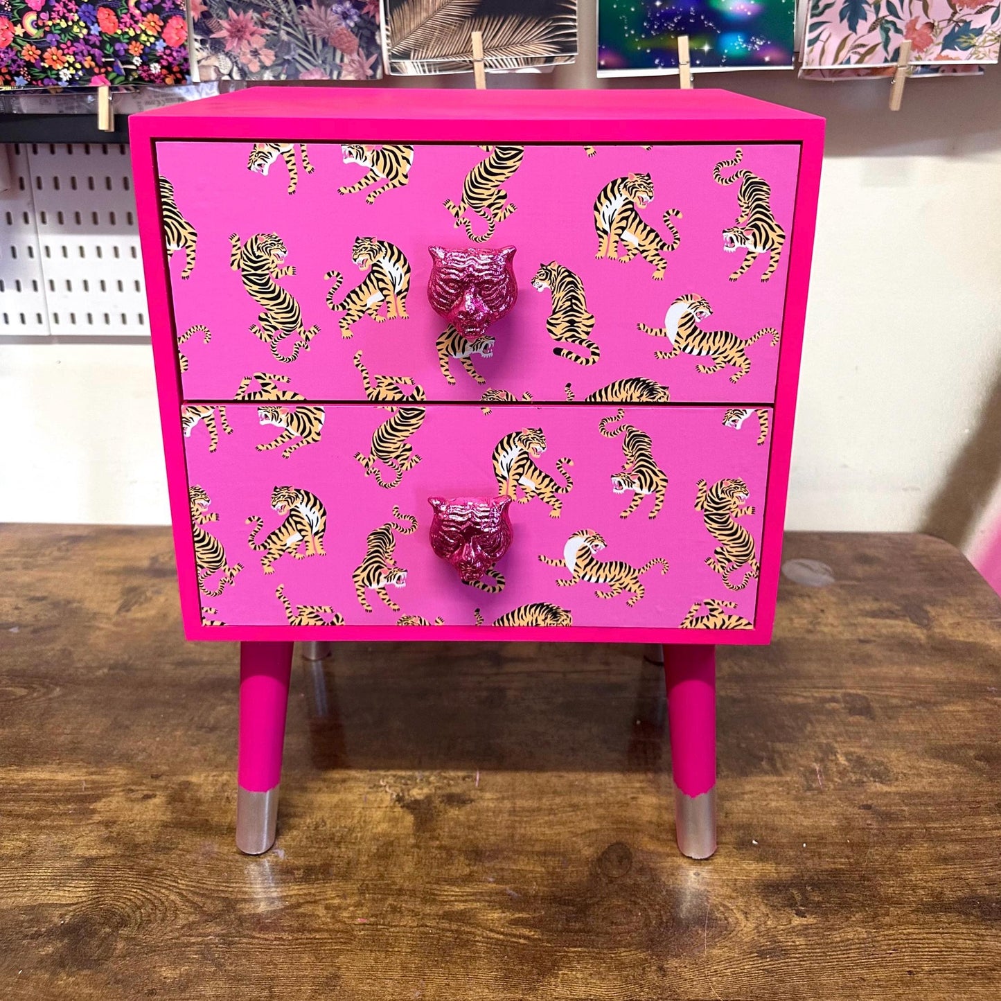 Hot Pink Tiger square bedside table, two drawers, ideal nightstand. Hot Magenta pink with silver. Customisable