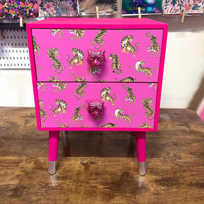 Hot Pink Tiger square bedside table, two drawers, ideal nightstand. Hot Magenta pink with silver. Customisable