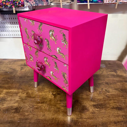 Hot Pink Tiger square bedside table, two drawers, ideal nightstand. Hot Magenta pink with silver. Customisable