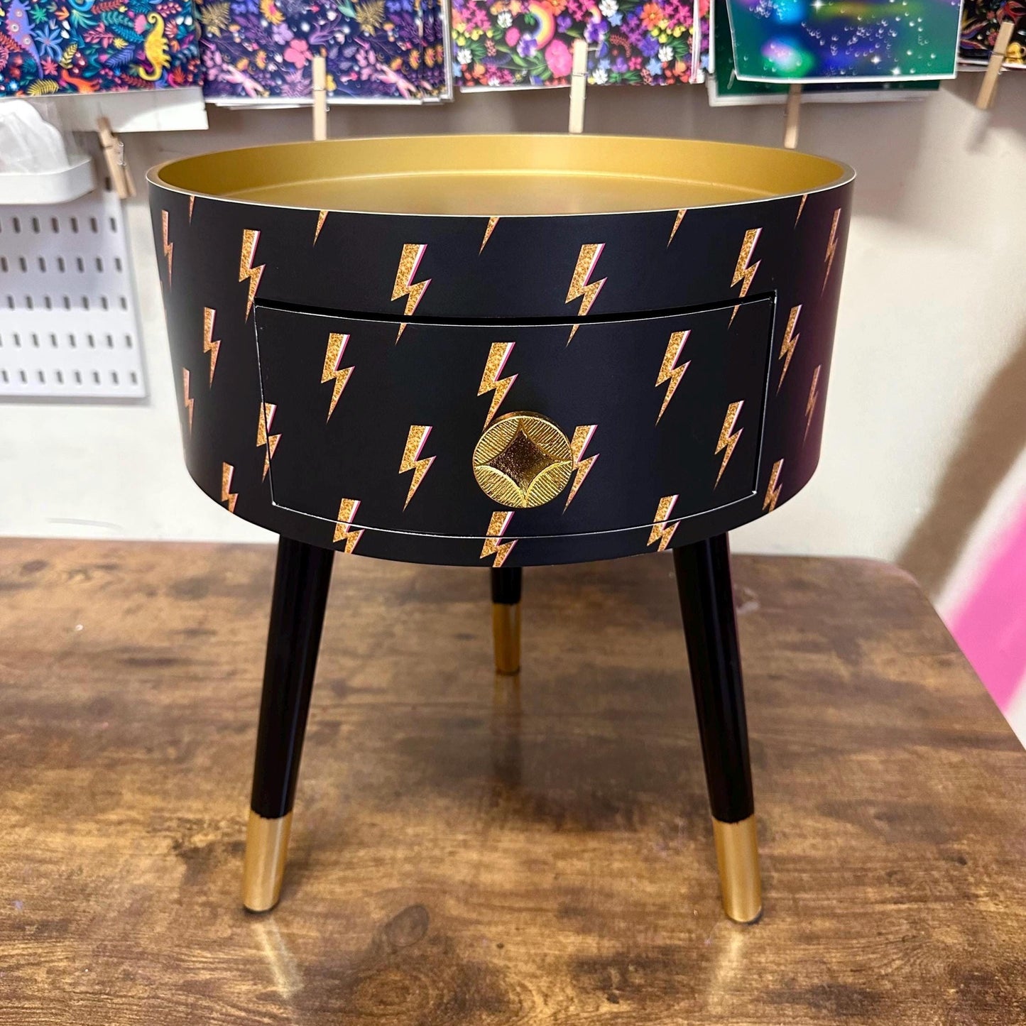 Round bedside table , black and gold  nightstand with  lightening bolt design, , Fun Bright Home Decor. Side table storage drawer. Bowie