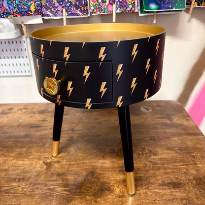 Round bedside table , black and gold  nightstand with  lightening bolt design, , Fun Bright Home Decor. Side table storage drawer. Bowie