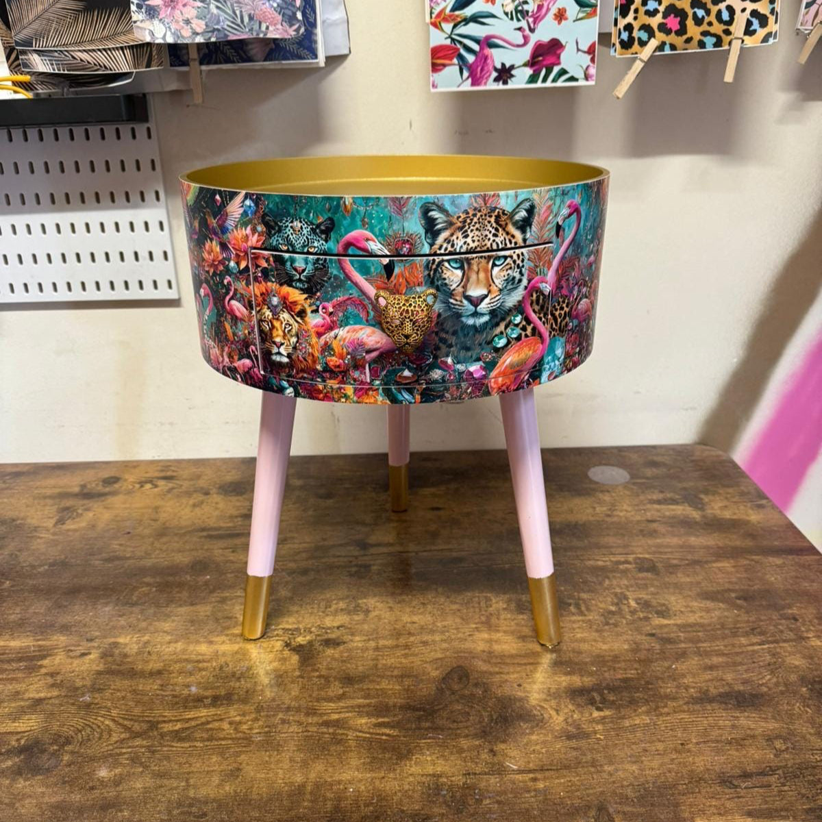 Jewel Leopard - Light Pink and Gold flamingo and leopard beside table, teal cheetah jewel design nightstand with gold , colourful home decor round end table